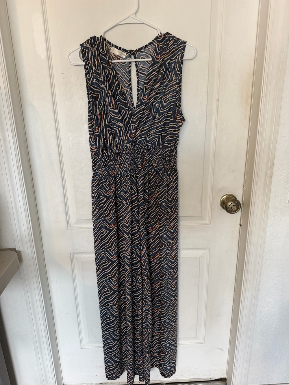 Sleeveless Navy Printed Jumpsuit with Smocked Waist